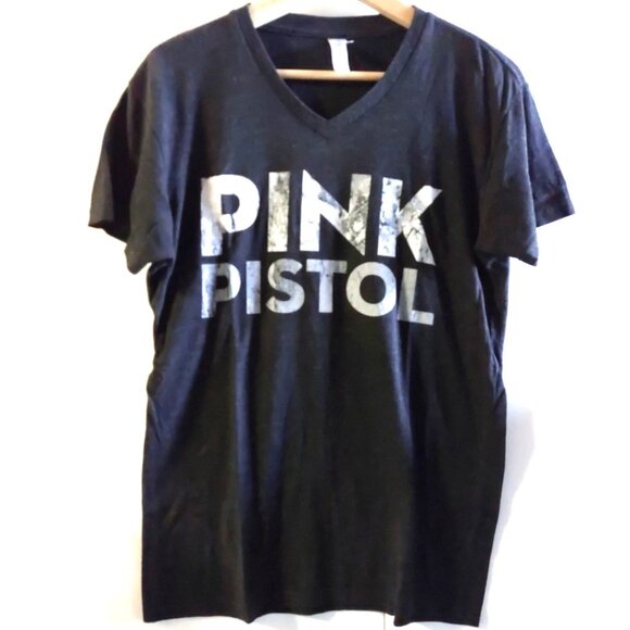Graphic PIMATEE Pima Cotton V-Neck Short Sleeve T-shirt Top, "PINK PISTOL", M - Picture 1 of 15